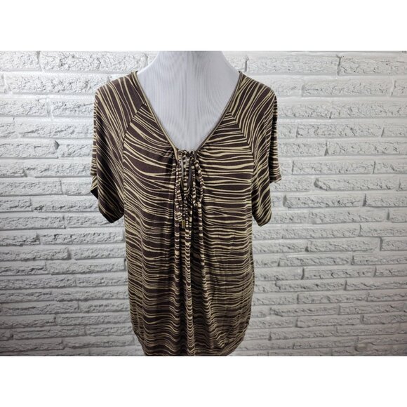 Michael Kors Womens Top 2X Plus Short Sleeve Brown Stripe Keyhole STR35E - Picture 3 of 8